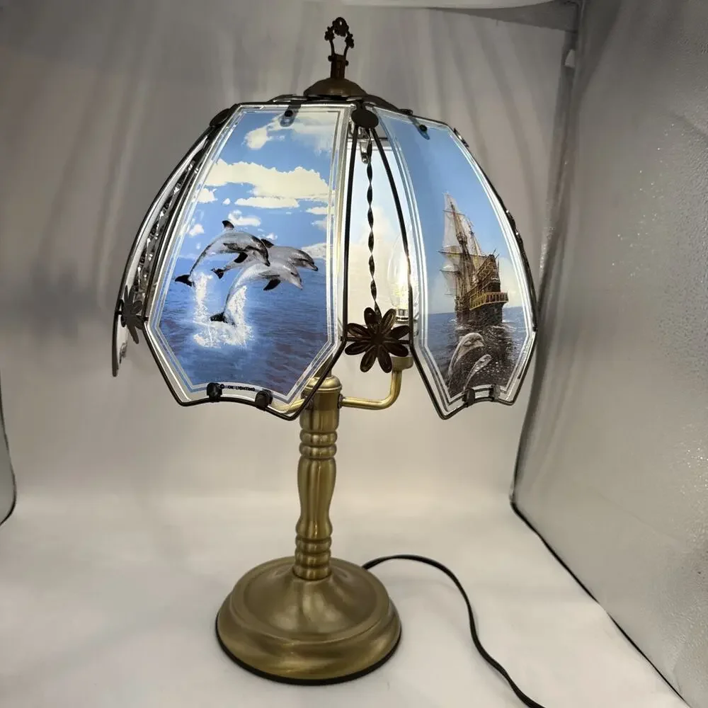 Vintage Y2K OK Lighting Touch Lamp, Marine Dolphins Shade, Gold Metal base